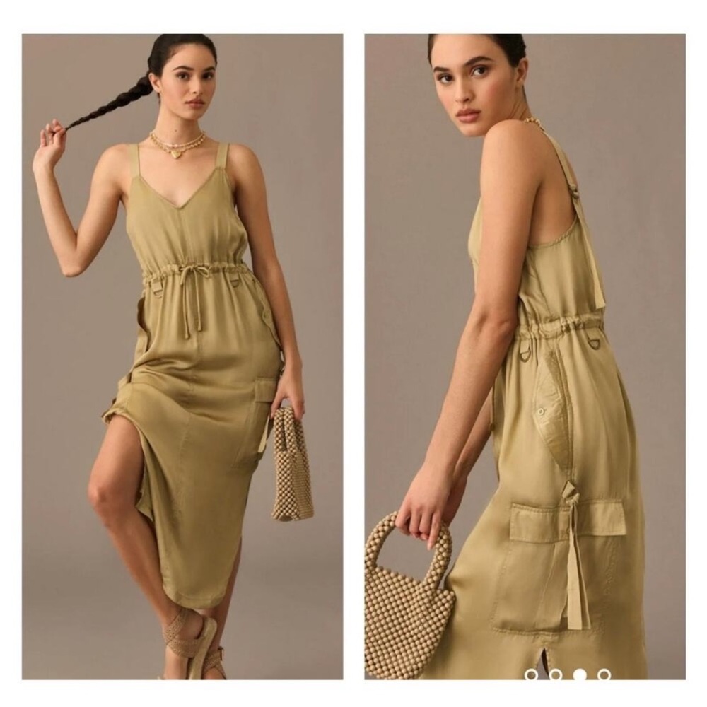 Love The Label Anthropologie Sleeveless Utility Satin Green Midi Dress Size M